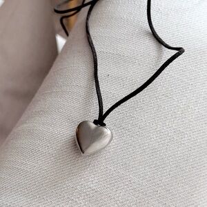 Silver Heart Pendant Choker Necklace on Black String Cord